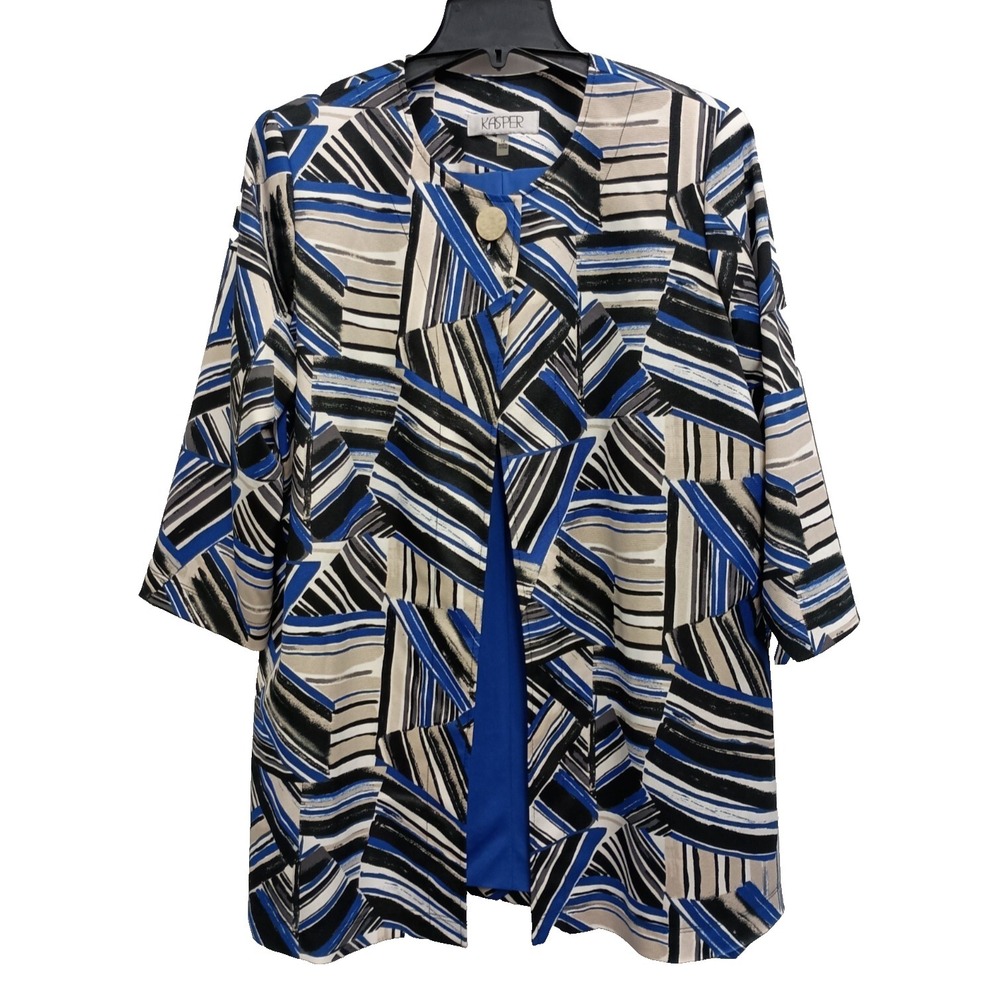 Kasper Womens Wearable Art Jacket size 14 Blue Abstract Open 3/4 Sleeve Carrier